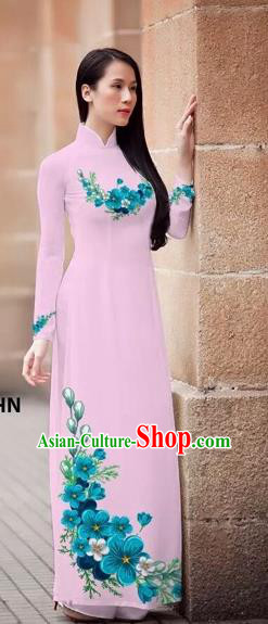 Traditional Top Grade Asian Vietnamese Costumes Classical Princess Printing Flowers Cheongsam, Vietnam National Ao Dai Dress Pink Full Dress for Women