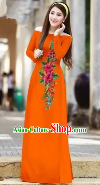Traditional Top Grade Asian Vietnamese Costumes Classical Printing Cheongsam, Vietnam National Ao Dai Dress Beauty Contest Orange Full Dress for Women