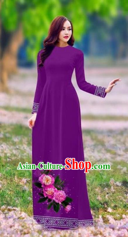 Traditional Top Grade Asian Vietnamese Costumes Classical Printing Flower Cheongsam, Vietnam National Ao Dai Dress Princess Purple Full Dress for Women