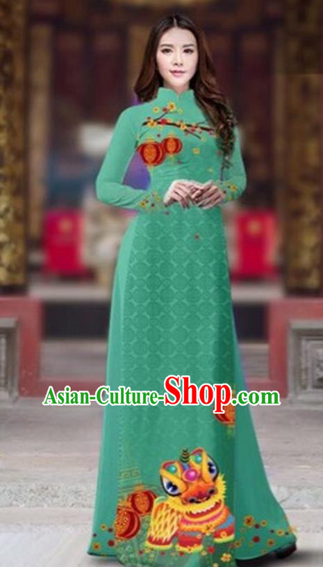 Traditional Top Grade Asian Vietnamese Costumes Classical Printing New Year Cheongsam, Vietnam National Ao Dai Dress Princess Green Full Dress for Women