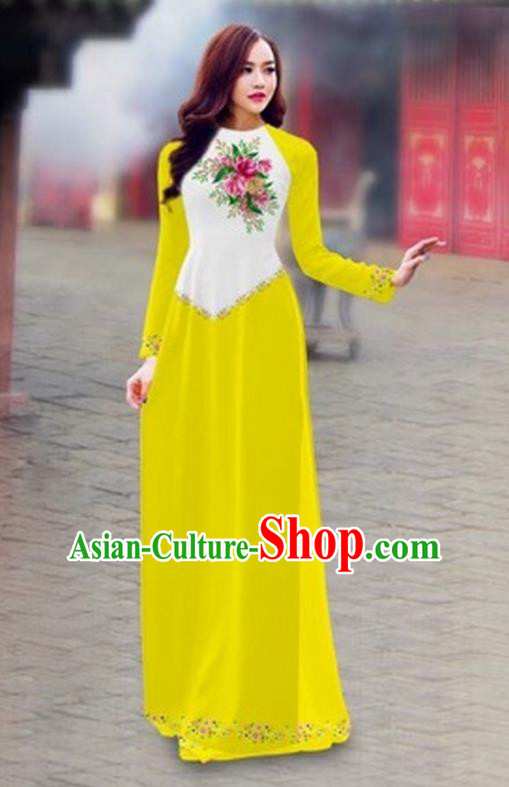 Traditional Top Grade Asian Vietnamese Costumes Classical Color Matching Cheongsam, Vietnam National Ao Dai Dress Printing Yellow Full Dress for Women