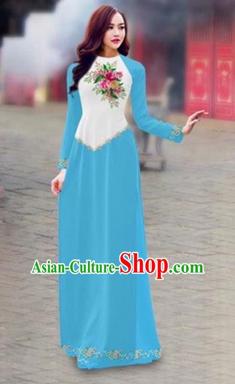 Traditional Top Grade Asian Vietnamese Costumes Classical Color Matching Cheongsam, Vietnam National Ao Dai Dress Printing Blue Full Dress for Women