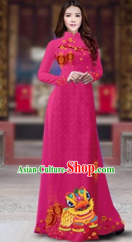 Traditional Top Grade Asian Vietnamese Costumes Classical Printing New Year Cheongsam, Vietnam National Ao Dai Dress Princess Rosy Full Dress for Women