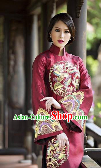 Traditional Top Grade Asian Vietnamese Costumes Classical Hand Embroidery Cheongsam, Vietnam National Ao Dai Dress Wedding Bride Full Dress for Women