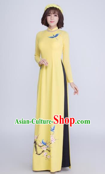 Traditional Top Grade Asian Vietnamese Costumes Classical Printing Crane Cheongsam, Vietnam National Ao Dai Dress Yellow Full Dress for Women