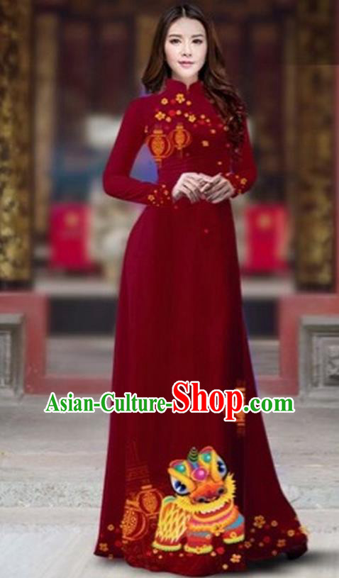 Traditional Top Grade Asian Vietnamese Costumes Classical Printing New Year Cheongsam, Vietnam National Ao Dai Dress Princess Wine Red Full Dress for Women