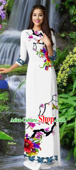Traditional Top Grade Asian Vietnamese Costumes Classical White Cheongsam, Vietnam National Printing Ao Dai Dress for Women