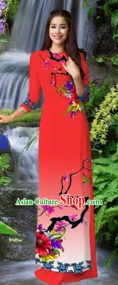Traditional Top Grade Asian Vietnamese Costumes Classical Red Cheongsam, Vietnam National Printing Ao Dai Dress for Women