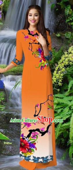 Traditional Top Grade Asian Vietnamese Costumes Classical Orange Cheongsam, Vietnam National Printing Ao Dai Dress for Women