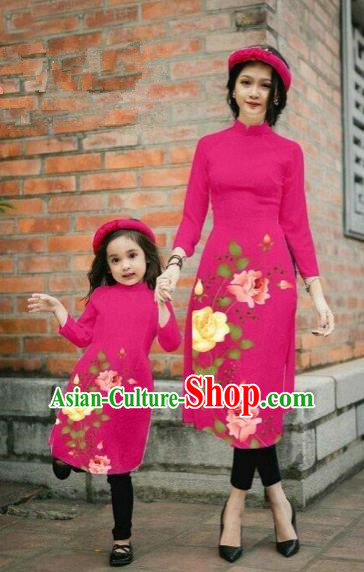 Traditional Top Grade Asian Vietnamese Costumes Classical Printing China Rose Flowers Rosy Cheongsam, Vietnam National Mother-daughter Ao Dai Dress for Women for Kids