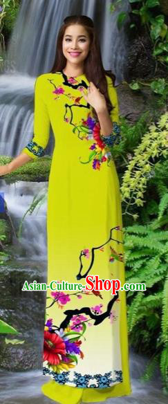 Traditional Top Grade Asian Vietnamese Costumes Classical Green Cheongsam, Vietnam National Printing Ao Dai Dress for Women
