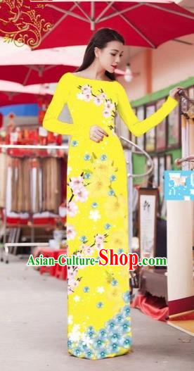 Traditional Top Grade Asian Vietnamese Costumes Classical Princess Printing Cheongsam, Vietnam National Bride Yellow Ao Dai Dress for Women