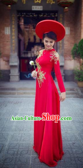 Traditional Top Grade Asian Vietnamese Costumes Classical Princess Red Cheongsam, Vietnam National Bride Wedding Ao Dai Dress for Women