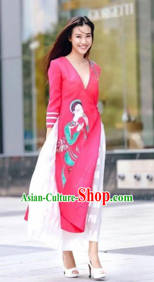Traditional Top Grade Asian Vietnamese Costumes Classical Printing Rosy Short Cheongsam, Vietnam National Vietnamese Bride Ao Dai Dress for Women