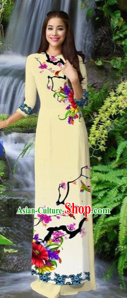 Traditional Top Grade Asian Vietnamese Costumes Classical Light Yellow Cheongsam, Vietnam National Printing Ao Dai Dress for Women