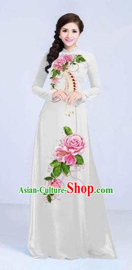 Traditional Top Grade Asian Vietnamese Costumes Classical Printing Flowers Cheongsam Dance Clothing, Vietnam National Vietnamese Bride White Ao Dai Dress for Women