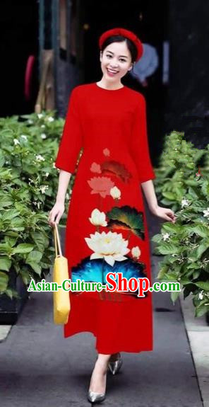Traditional Top Grade Asian Vietnamese Costumes Classical 3D Printing Flowers Cheongsam Dance Clothing, Vietnam National Vietnamese Red Ao Dai Dress for Women