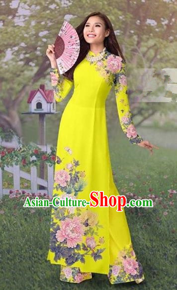 Traditional Top Grade Asian Vietnamese Costumes Classical Painting Cheongsam, Vietnam National Vietnamese Young Lady Ao Dai Dress and Loose Pants Complete Set