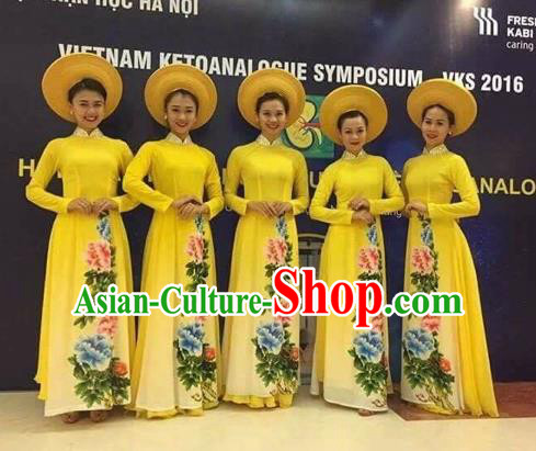 Traditional Top Grade Asian Vietnamese Costumes Classical Painting Cheongsam, Vietnam National Vietnamese Young Lady Ao Dai Dress Dance Clothing