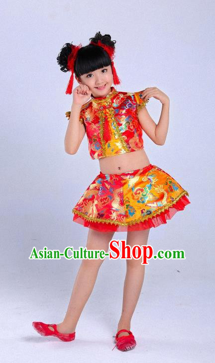 Traditional Chinese Classical Dance Yangge Fan Dance Costume, Children Folk Dance Drum Dance Uniform Yangko Red Dress for Girls Kids