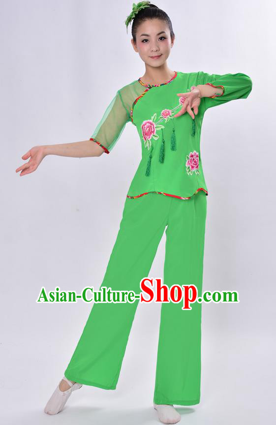 Traditional Chinese Classical Dance Yangge Fan Dancing Costume, Folk Dance Drum Dance Uniforms Yangko Green Clothing Set for Women