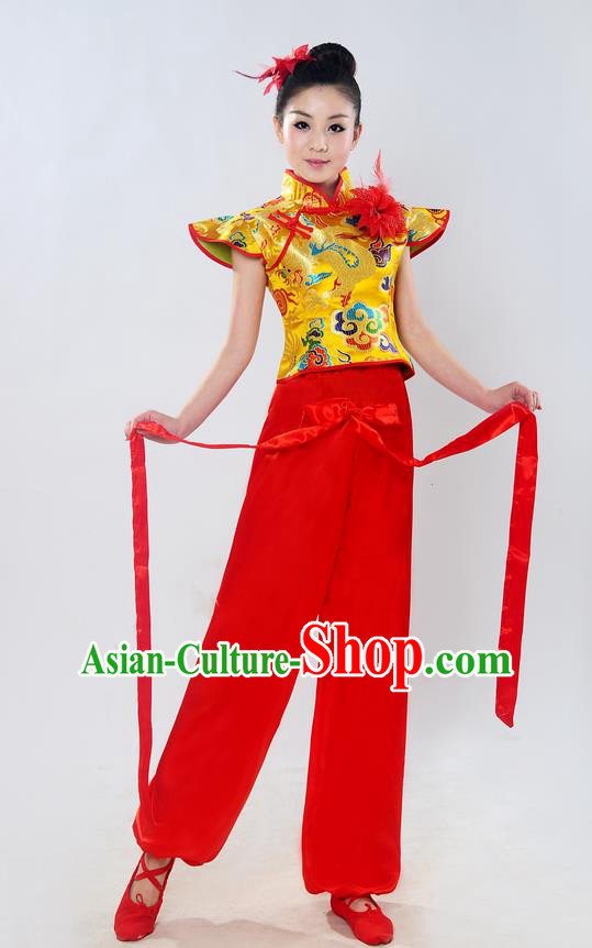 Traditional Chinese Classical Dance Yangge Fan Dance Costume, Folk Dance Drum Dance Uniform Yangko Sleeveless Clothing Complete Set for Women
