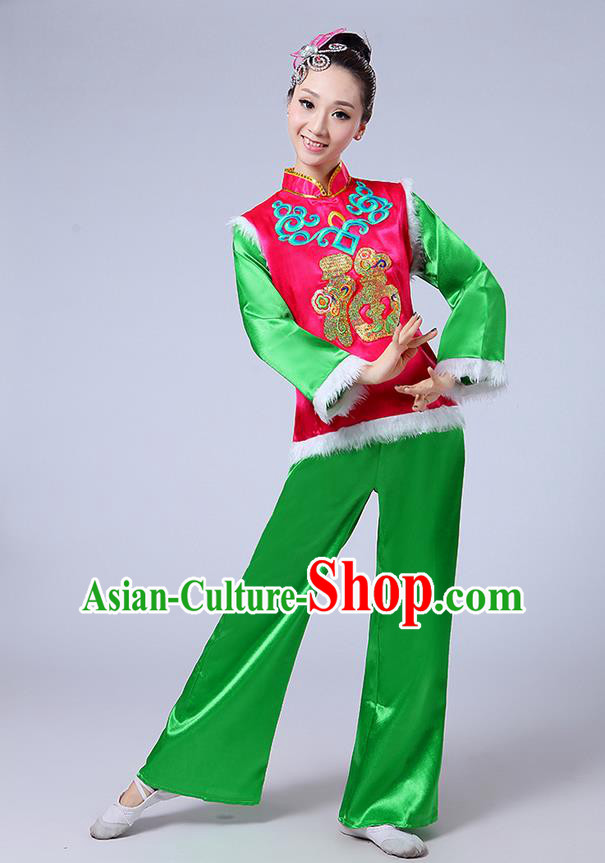 Traditional Chinese Classical Dance Yangge Fan Dancing Costume, Folk Dance Drum Dance Fur Uniforms Yangko Pink Blouse and Green Pants for Women