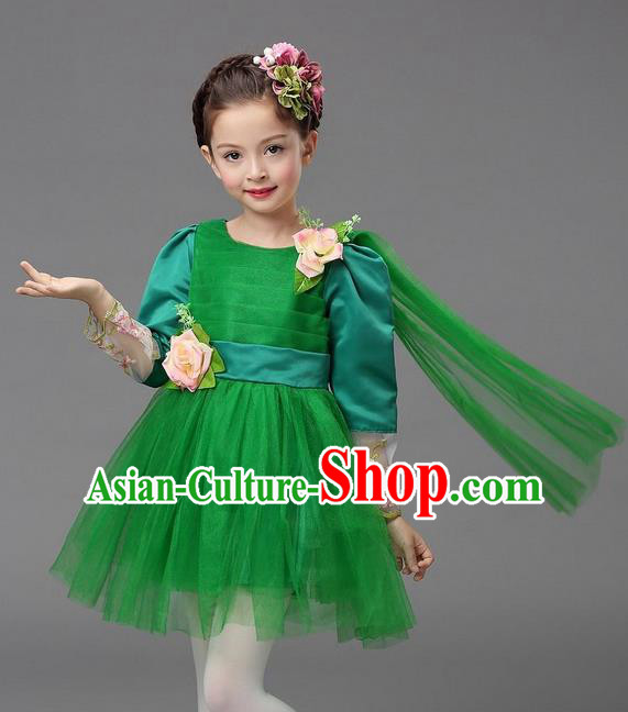 Top Grade Professional Performance Catwalks Costume, Children Chorus Compere Full Dress Modern Dance Little Princess Green Veil Bubble Dress for Girls Kids