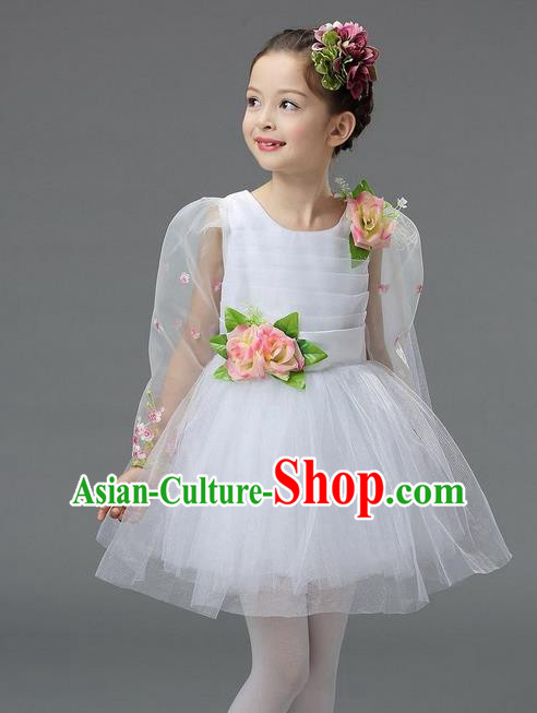 Top Grade Professional Performance Catwalks Costume, Children Chorus Compere Full Dress Modern Dance Little Princess White Veil Bubble Dress for Girls Kids