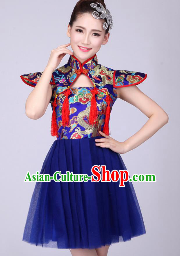 Top Grade Professional Performance Costume, China Drum Dance Chorus Fan Dance Dress Modern Dance Blue Veil Bubble Dress for Women