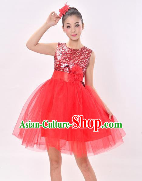 Top Grade Professional Performance Catwalks Costume, China Chorus Compere Modern Dance Dress Paillette Red Veil Bubble Dress for Women