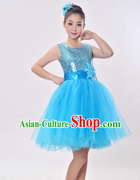 Top Grade Professional Performance Catwalks Costume, China Chorus Compere Modern Dance Dress Paillette Blue Veil Bubble Dress for Women