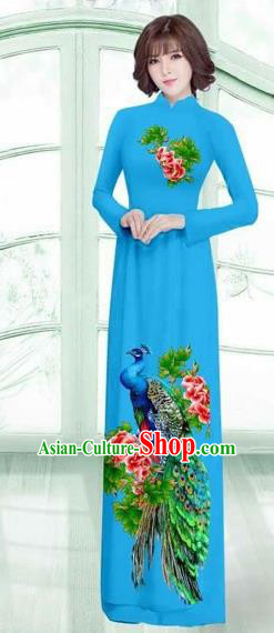 Traditional Top Grade Asian Vietnamese Costumes Classical Printing Peacock Cheongsam, Vietnam National Vietnamese Young Lady Blue Ao Dai Dress