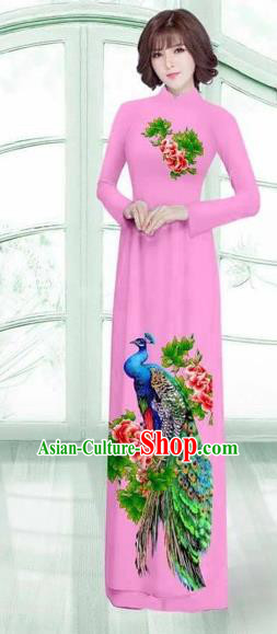 Traditional Top Grade Asian Vietnamese Costumes Classical Printing Peacock Cheongsam, Vietnam National Vietnamese Young Lady Pink Ao Dai Dress