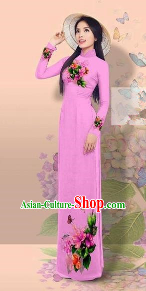 Traditional Top Grade Asian Vietnamese Costumes Classical 3D Printing Cheongsam, Vietnam National Vietnamese Young Lady Miss Etiquette Pinkish Purple Ao Dai Dress