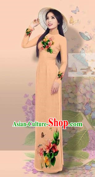 Traditional Top Grade Asian Vietnamese Costumes Classical 3D Printing Cheongsam, Vietnam National Vietnamese Young Lady Miss Etiquette Khaki Ao Dai Dress
