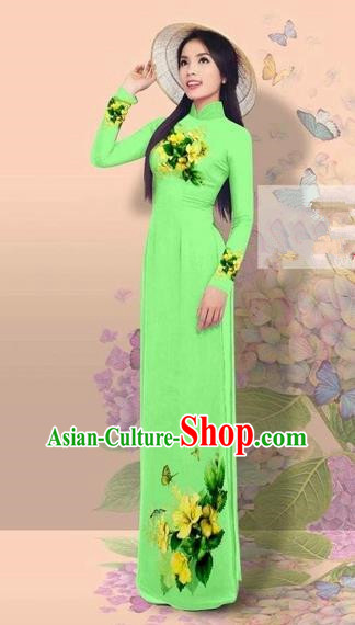 Traditional Top Grade Asian Vietnamese Costumes Classical 3D Printing Cheongsam, Vietnam National Vietnamese Young Lady Miss Etiquette Fluorescent Green Ao Dai Dress