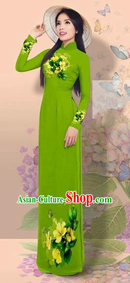 Traditional Top Grade Asian Vietnamese Costumes Classical 3D Printing Cheongsam, Vietnam National Vietnamese Young Lady Miss Etiquette Green Ao Dai Dress