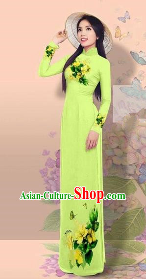 Traditional Top Grade Asian Vietnamese Costumes Classical 3D Printing Cheongsam, Vietnam National Vietnamese Young Lady Miss Etiquette Light Green Ao Dai Dress