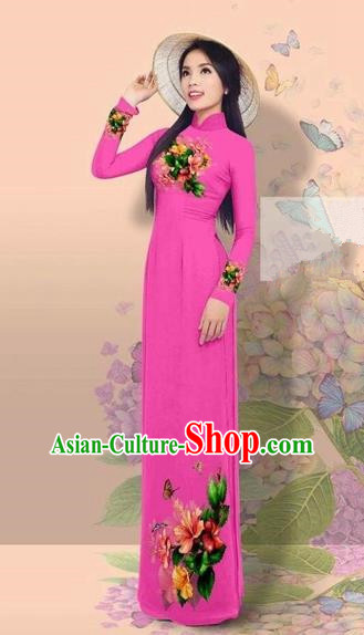 Traditional Top Grade Asian Vietnamese Costumes Classical 3D Printing Cheongsam, Vietnam National Vietnamese Young Lady Miss Etiquette Rosy Ao Dai Dress