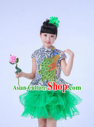 Top Grade Professional Compere Modern Dance Costume, Children Opening Dance Chorus Uniforms Peacock Green Paillette Bubble Dress for Girls