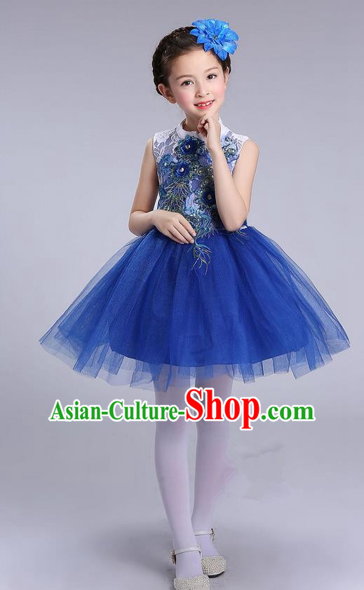 Top Grade Professional Compere Modern Dance Costume, Children Opening Dance Chorus Uniforms Royalblue Bubble Dress for Girls