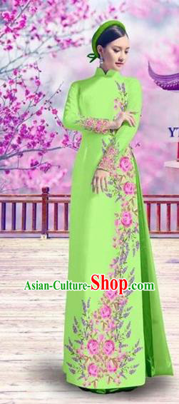 Traditional Top Grade Asian Vietnamese Costumes Classical Bride Printing Cheongsam, Vietnam National Vietnamese Princess Green Ao Dai Dress
