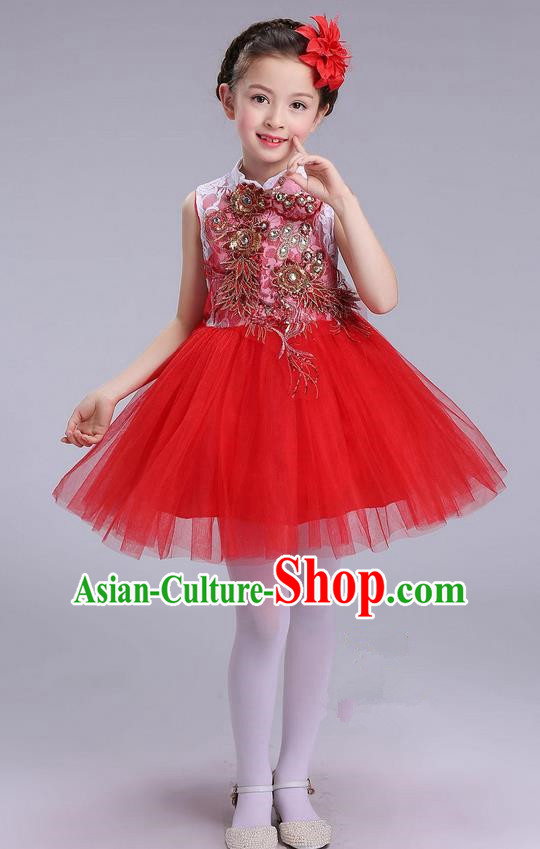 Top Grade Professional Compere Modern Dance Costume, Children Opening Dance Chorus Uniforms Red Bubble Dress for Girls