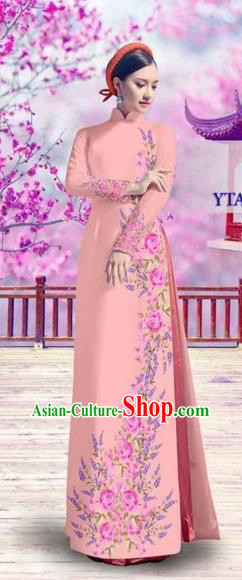 Traditional Top Grade Asian Vietnamese Costumes Classical Bride Printing Cheongsam, Vietnam National Vietnamese Princess Pink Ao Dai Dress