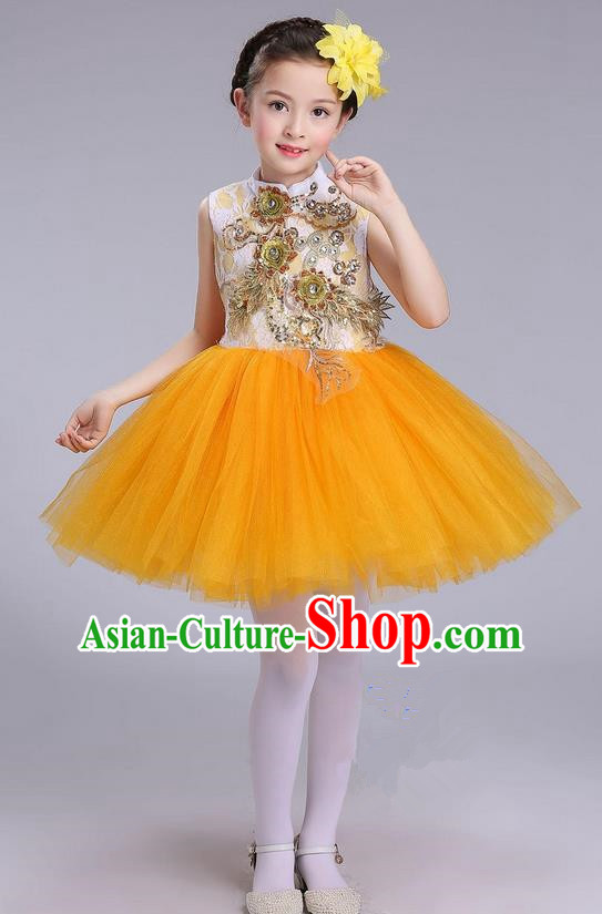 Top Grade Professional Compere Modern Dance Costume, Children Opening Dance Chorus Uniforms Yellow Bubble Dress for Girls