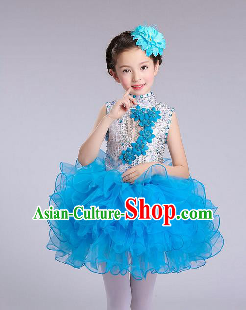Top Grade Professional Compere Modern Dance Costume, Children Opening Dance Chorus Flowers Uniforms Princess Light Blue Bubble Dress for Girls