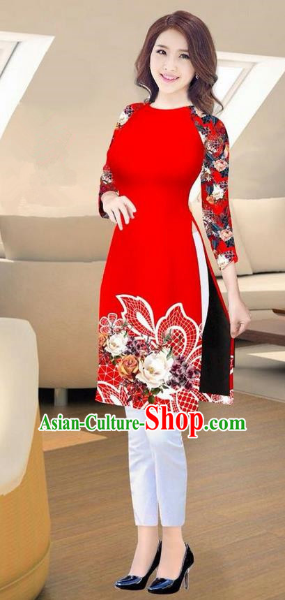 Traditional Top Grade Asian Vietnamese Costumes Classical Printing Red Short Cheongsam, Vietnam National Vietnamese Ao Dai Dress for Women