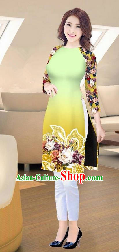 Traditional Top Grade Asian Vietnamese Costumes Classical Printing Green Short Cheongsam, Vietnam National Vietnamese Ao Dai Dress for Women