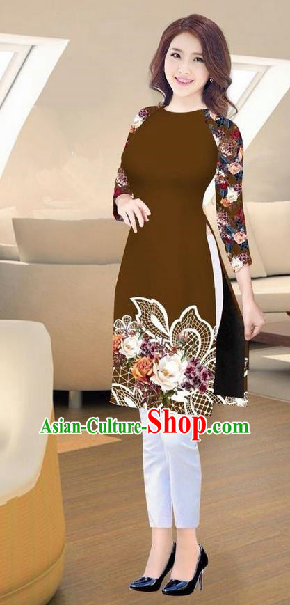 Traditional Top Grade Asian Vietnamese Costumes Classical Printing Brown Short Cheongsam, Vietnam National Vietnamese Ao Dai Dress for Women
